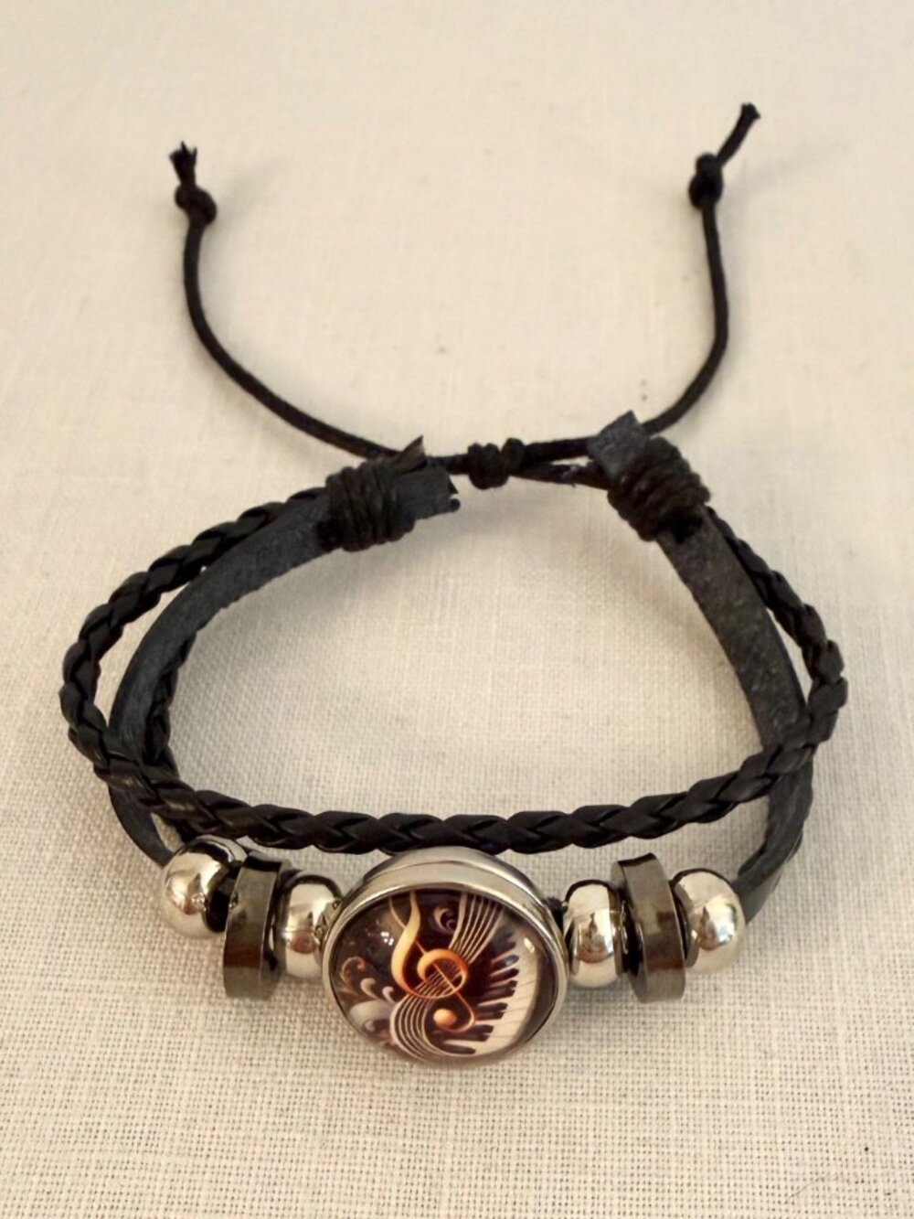 Piano Treble Clef Music Bracelet Black Faux Leather Adjustable Women or Men